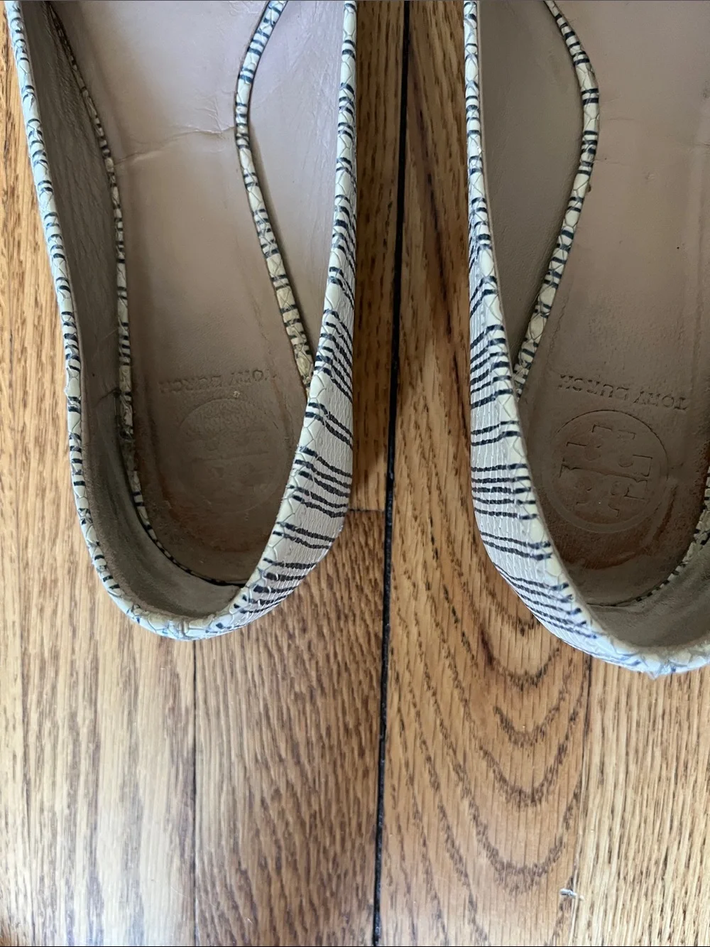 Tory Burch Cream and Navy Striped Logo Circle Toe Flats